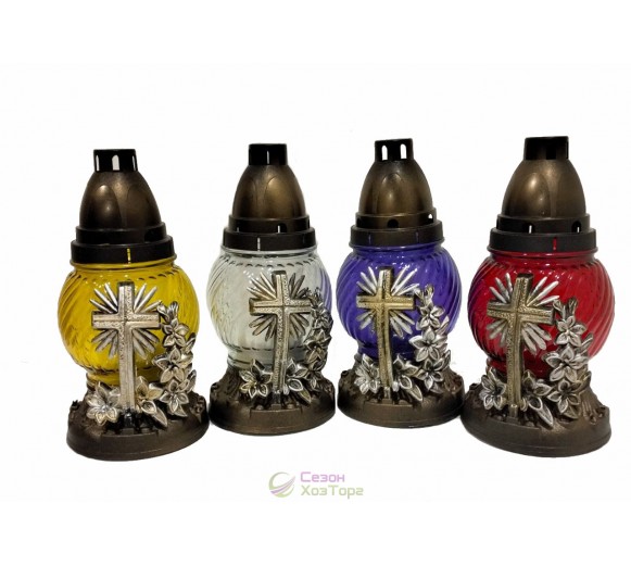 Лампадка стеклянная на 24 часа "Крест с цветком"  